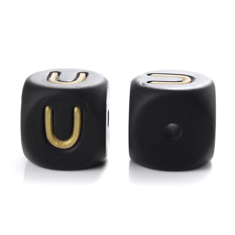 12mm 10Pcs Silicone Black+Gold Letters Beads English Alphabet Letter Beads for Baby Teething Teethers Shower Gifts BPA Free