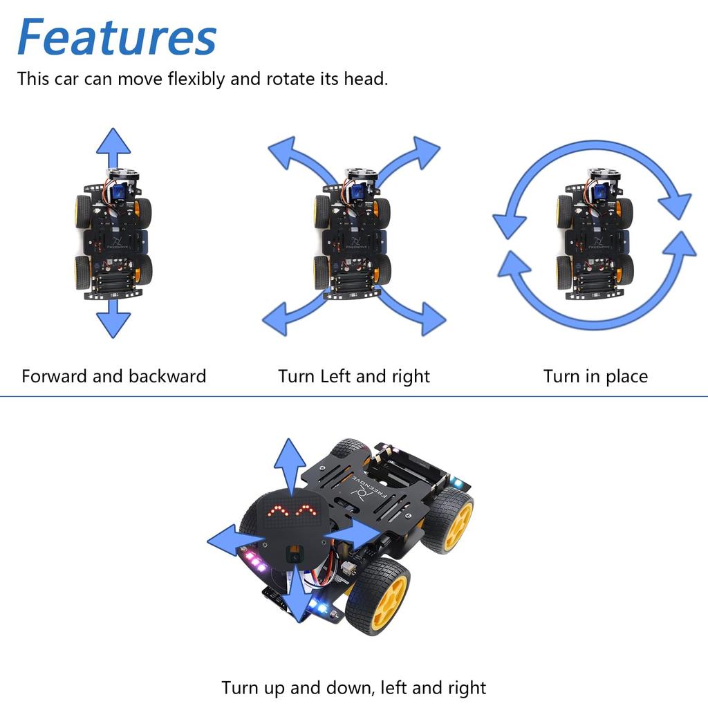 Freenove 4WD Car Kit for ESP32 CAM 240 MHz Dot Obstacle Line Light Colorful App (Includes), Dual-Core 32-bit Microcontroller, Camera, Matrix,