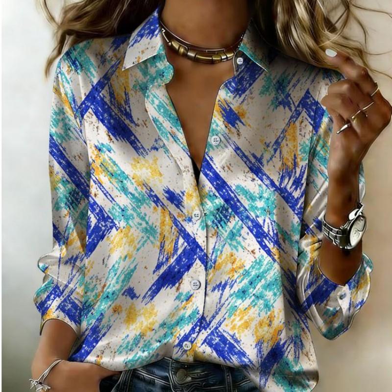 Women Satin Ethnic Abstract Feather Geometric Art Print Shirt Long Sleeve Lapel Button‑Down Blouse Trendy Casual Office Ladies Multi‑Color Top