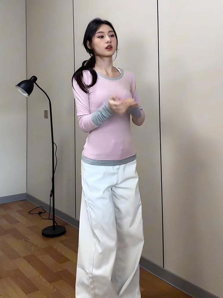 

Женская острая футболка с цветными блоками, с длинным рукавом, в стиле «двойка» Large розовый