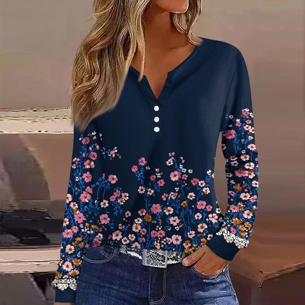 Dámské tričko Tričko Knoflíček Dlouhý rukáv Denní víkendová móda Basic Top s výstřihem do V