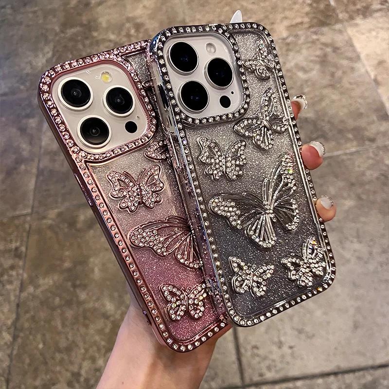 3D Fashion Electroplate Butterfly Glitter Diamond Phone Case for IPhone 17 16 Pro Max 15 14 13 12 11 Transparent Back Cover