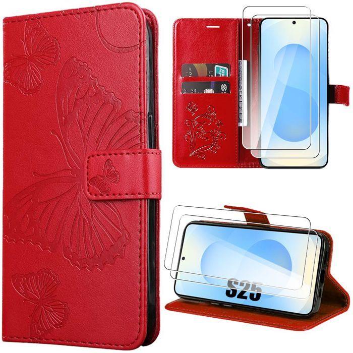 Coque de protection - BOOLING - Samsung Galaxy S25 - Synthécuir Rouge - Motif Papillon - 2 Verres Trempés