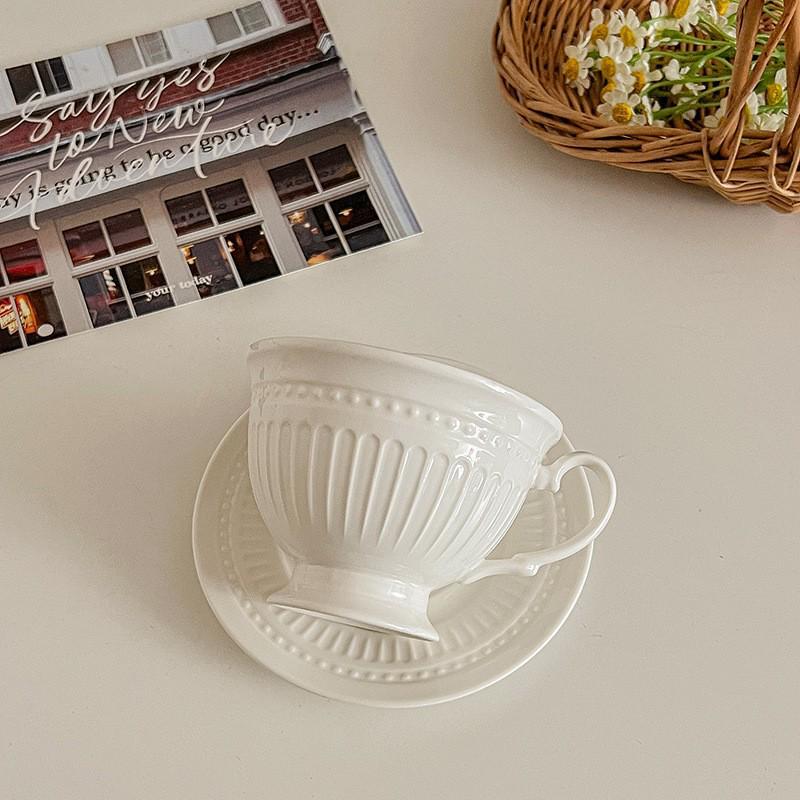 European Style French White Ceramic Coffee Cup and Saucer Set for Afternoon Tea