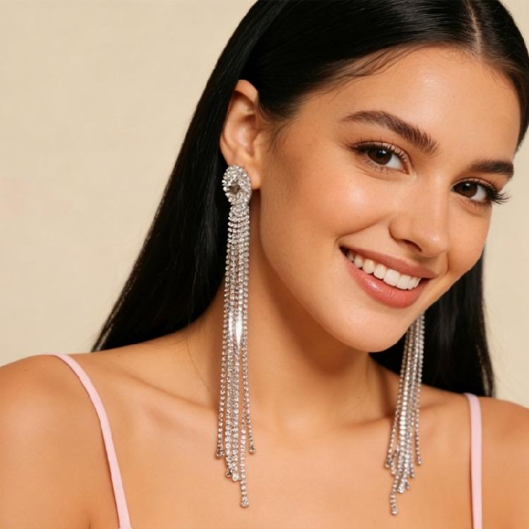 Glittering Rhinestones Long Tassels Drop Earrings in High Quality Alloy Offering Dateless Elegance for Various Occasions