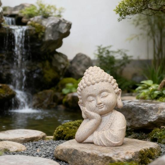 Mini Buddha Figurine Handcrafted Sandstone Resin Zen Statue Decorative Meditation Sculpture Feng Shui Ornament for Home Office Desk Car Dashboard