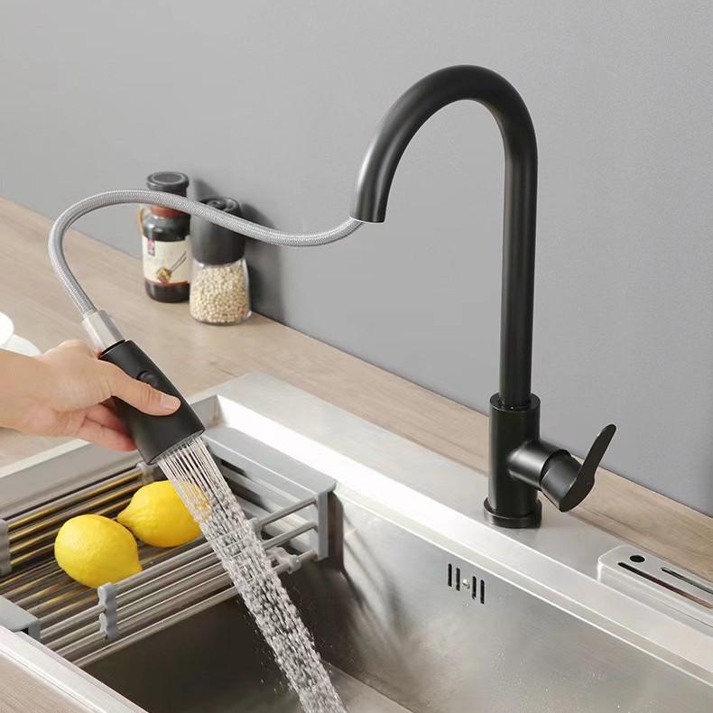 Stainless Steel Telescopic Rotatable Pull-Out Kitchen Faucet with Dual Water Outlets