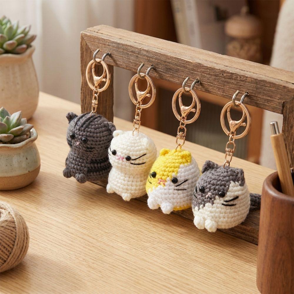 Multi-color Handwoven Cat Pendant Cartoon Knitted Animal Key Ring Crochet Cat Keychain Gift Giving