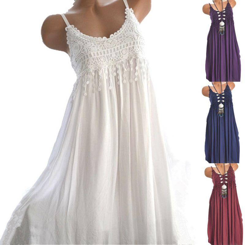 Elegant Women Summer Crew Neck Sleeveless Tank Maxi Dress With Lace Detail