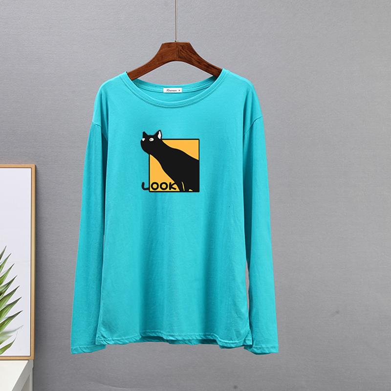 Hirsionsan Casual Loose T Shirt Women Spring New Simple Cute Cat O-neck Tees Female Fashion Long Sleeve All-match Tops for Girls