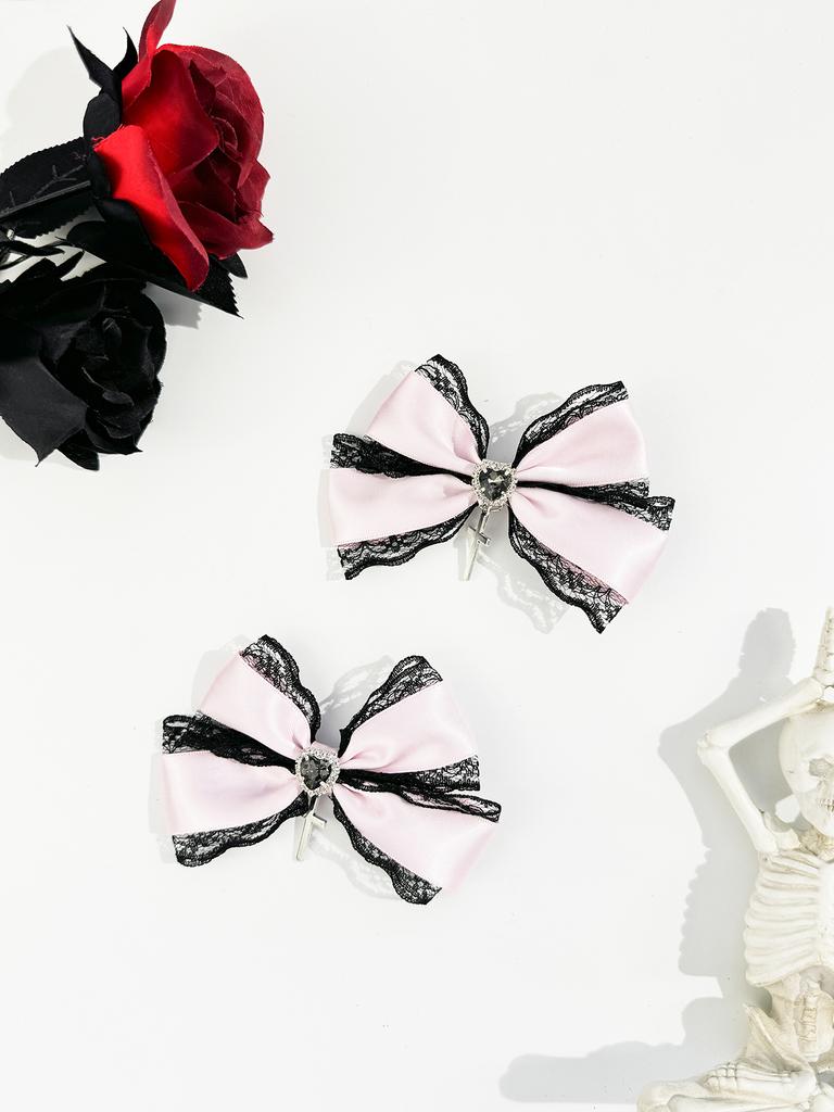2pcs/set Gothic Style Heart-shaped Cross Lace Bow Hair Clip, Women's Landmine Series, Mass-produced Lolita Hair Accessory