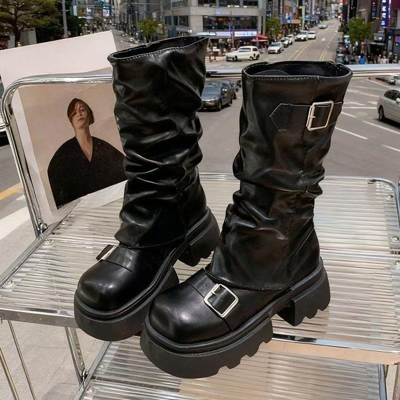 High Boots  Round Toe Sleeve Platform Belt Buckle Platform Anti-Slip Wear-Resistant Block Heel Shoes