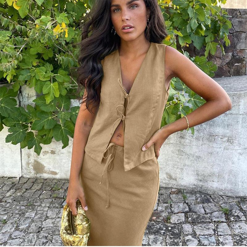 Women Casual Sleeveless Party 2Pcs Suits Cotton Linen Solid Color Slim Skirt Outifts Sexy V-neck Tie-up Hollow Out Top & Long Skirt Set