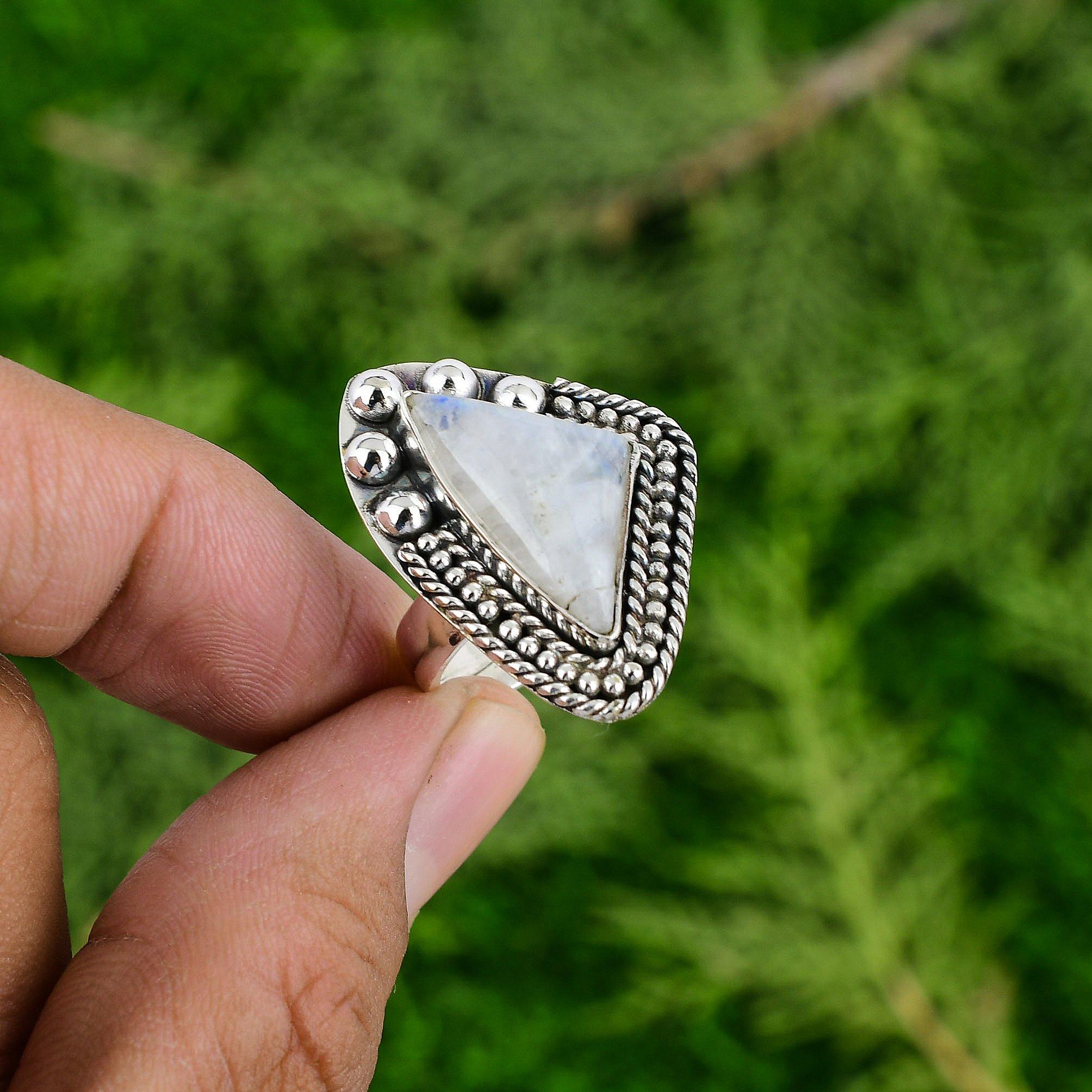 

Sterling Silver Rainbow Moonstone Gemstone Statement Promise Crown Chakra Ring Adjustable