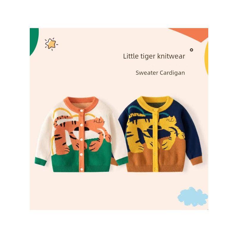 Spring & Fall Little Tiger Contrasting Color Jacquard Children's Cardigan Girl Round Neck Pure Cotton Knitwear Boy Sweater Coat