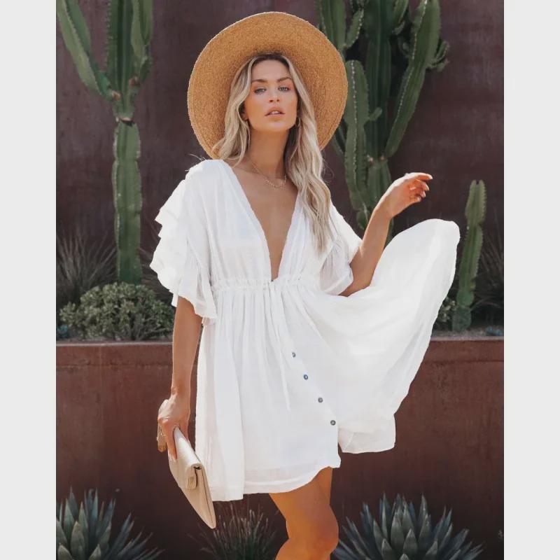 Bamboo Cotton Belted Backless Beach Cover-Up Dress