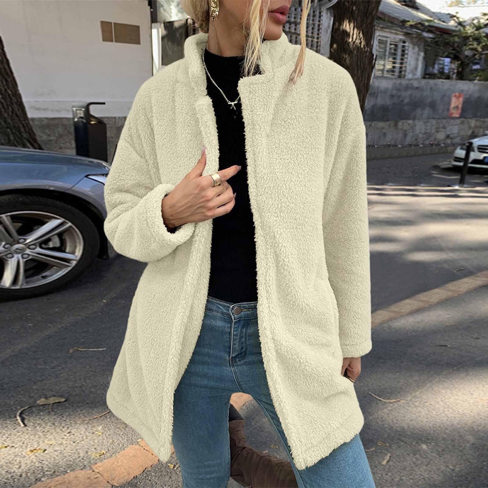 

Женская куртка средней длины, утепленная, мягкое пальто, модная верхняя одежда однотонного цвета, зимнее флисовое пальто XL белый