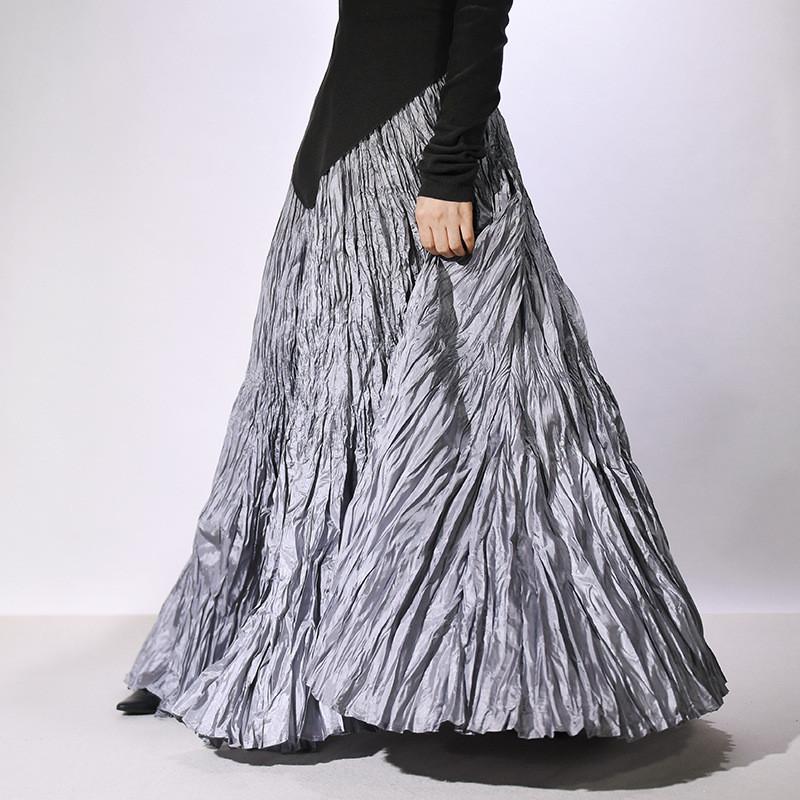 Qooth Textured Pleated Maxi Skirt Floor-Length Draped Skirt Relaxed & Elegant Style QT2835 серый