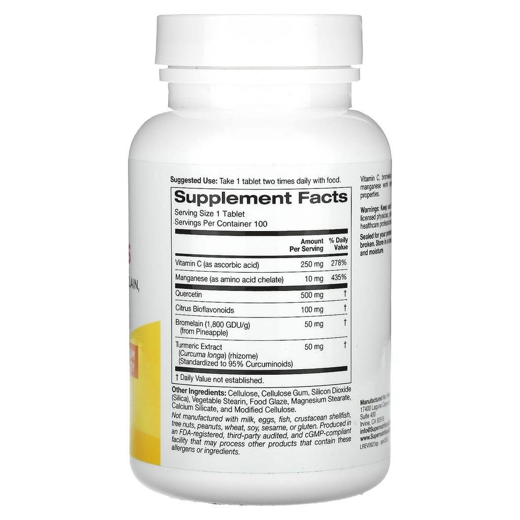 Quercetin Plus, Quercetin, Vitamin C, Citrus Bioflavonoids, Bromelain, Turmeric, Vitamin C, 100 Tablets