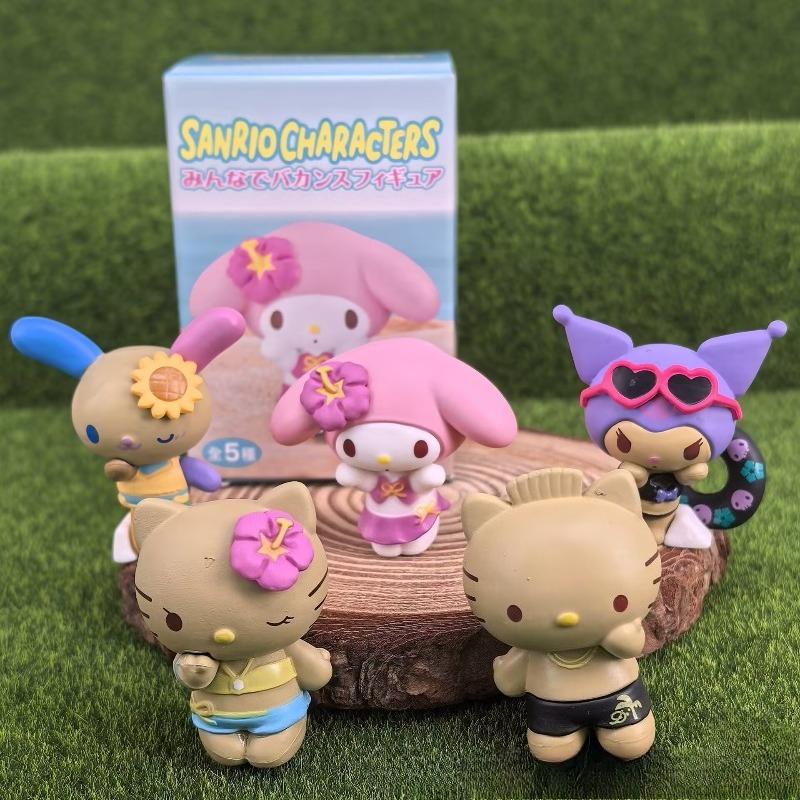 Sanrio Anime Figure Hello Kitty Kuromi Black Skin Kt Cat Melody Summer Seaside Vacation Series Blind Box Toy Ornament Kid Gifts
