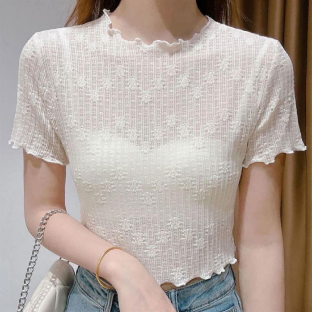 New Arrivals Open Run Women Crop T shirT Floral Wave Neck Semi Sheer