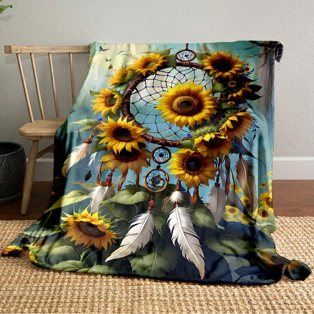 A Sunflower-adorned Dreamcatcher with Feathers and Vibrant Background. for All Seasons Blanket Lunch Break Throw Gift