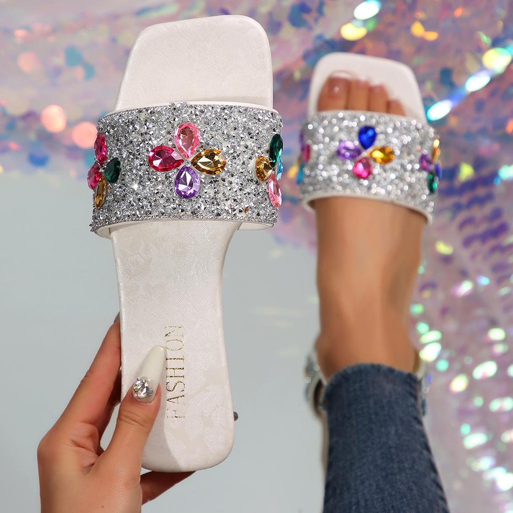 Fashion Women Slippers Home Casual Shoes Fashionable Versatile Sandals Summer New Rhinestone Flat Slippers Slides Women