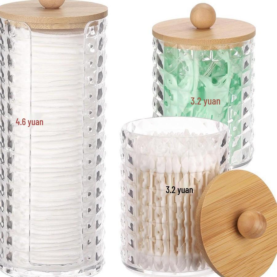 Bamboo Lid Cotton Swab & Makeup Remover Acrylic Storage Box: Includes Cotton Balls, Dental Floss, Round Box