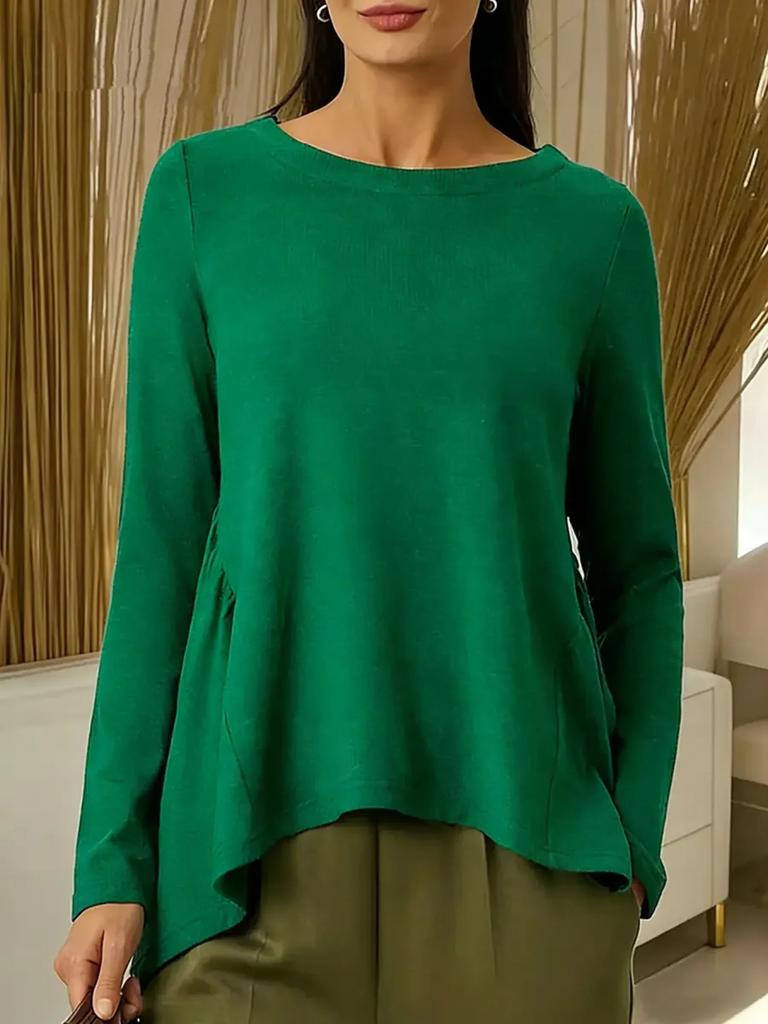 2026 Spring/Autumn New European and American Cross-Border Foreign Trade Amazon WISH Women's Crew Neck Solid Color Long Sleeve Pleated T-Shirt