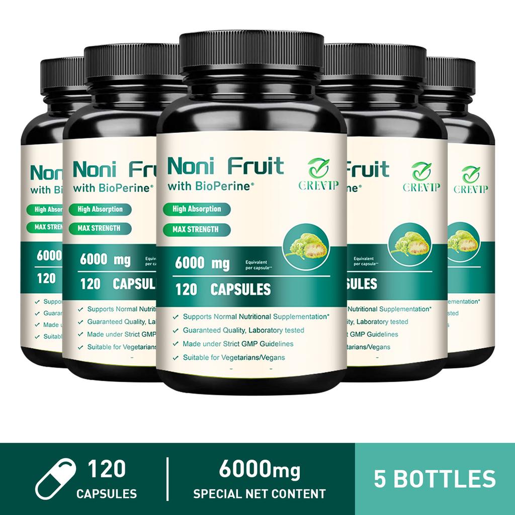 GREVIP Noni Fruit Extract Capsules, 6000 mg per serving, easily absorbed, suitable for adults.