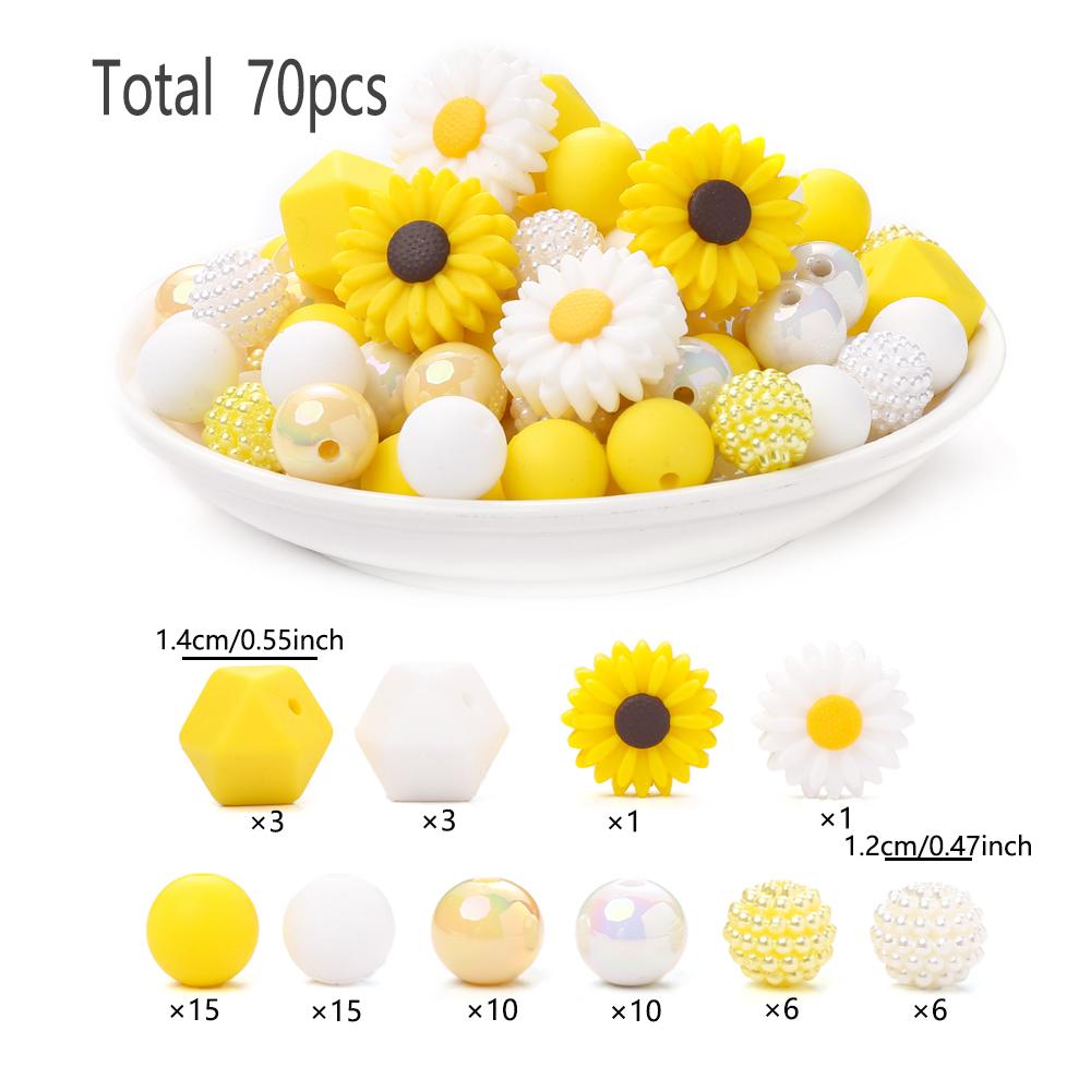 70Pcs Silicone Baby Teething Bead Set Daisy Hexagonal Shape Beads Food Grade for Newborn Diy Pacifier Chain Necklace Accessories
