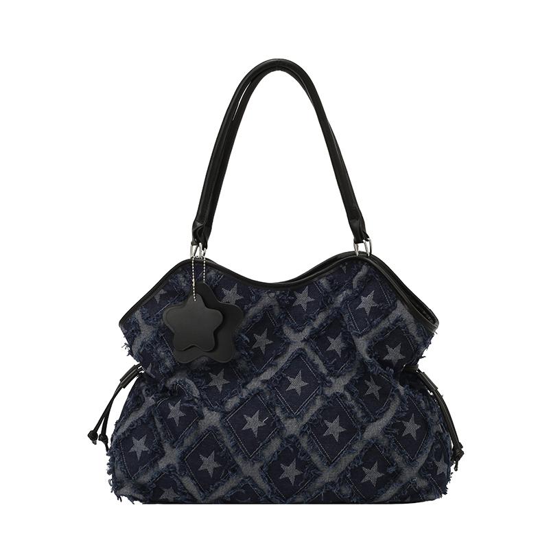 Women Denim Star Tote Bag, Large Capacity Casual Shoulder Bag Y2K Style Vintage Handbag for School, Daily & Travel With Star Pendant