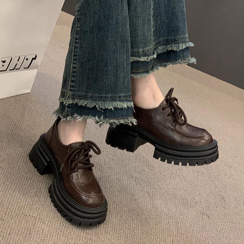 Thick-soled Heightening Loafers Women's 2025 New Spring and Autumn Women's Shoes Lace-up Round Head Single Shoes Popular British Small Leather Shoes