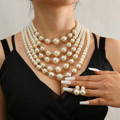 Trend Statement Zircon Set Multi-layer Handmade Imitation Pearl Beaded Bib Necklace And Earrings For Women Party Accessories
