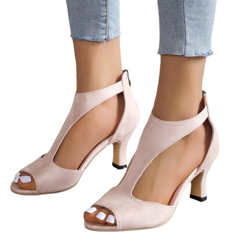 European and American Simple and Fashionable Rear Zipper Bag Heel Fish Mouth Shoes Women's Summer Large Size Side Empty Thin Heel Roman Sandals