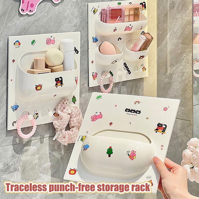 Cartoon Cat Multifunctional Storage Rack For Bathroom Cosmetics Plastic Wall Without Mark Punching Storage Rack Diy Decoration