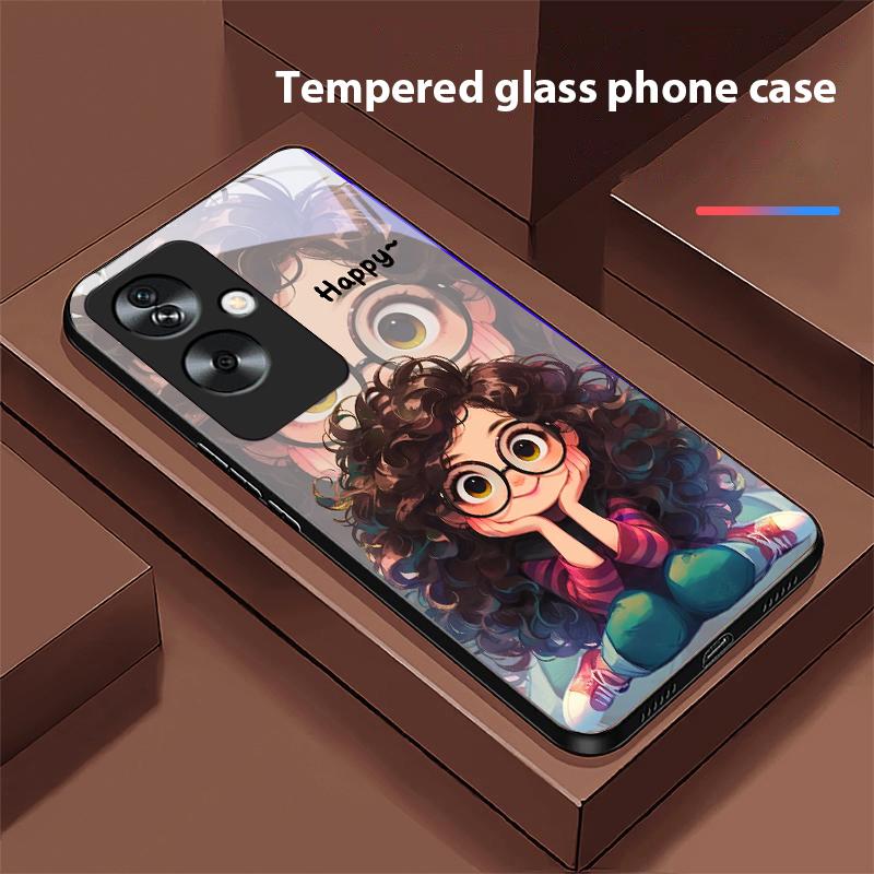 Mädchen mit lockigen Haaren Für Oppo A79 5G 58 78 74 60 4G Reno 11F Realme GT 6 11 Note 50 10 C55 X2 Gehärtetes Glas Schwarze Handyhülle