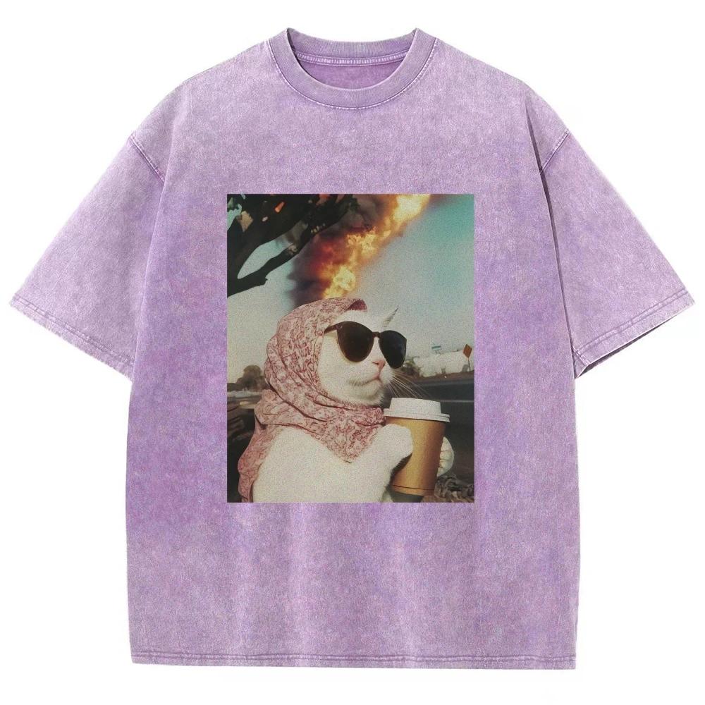 Cool Cat Meme T Shirts Unisex Washed Tees Men Women's Fashion Short Sleeve T-shirts Cotton Oversized T-shirt Streetwear