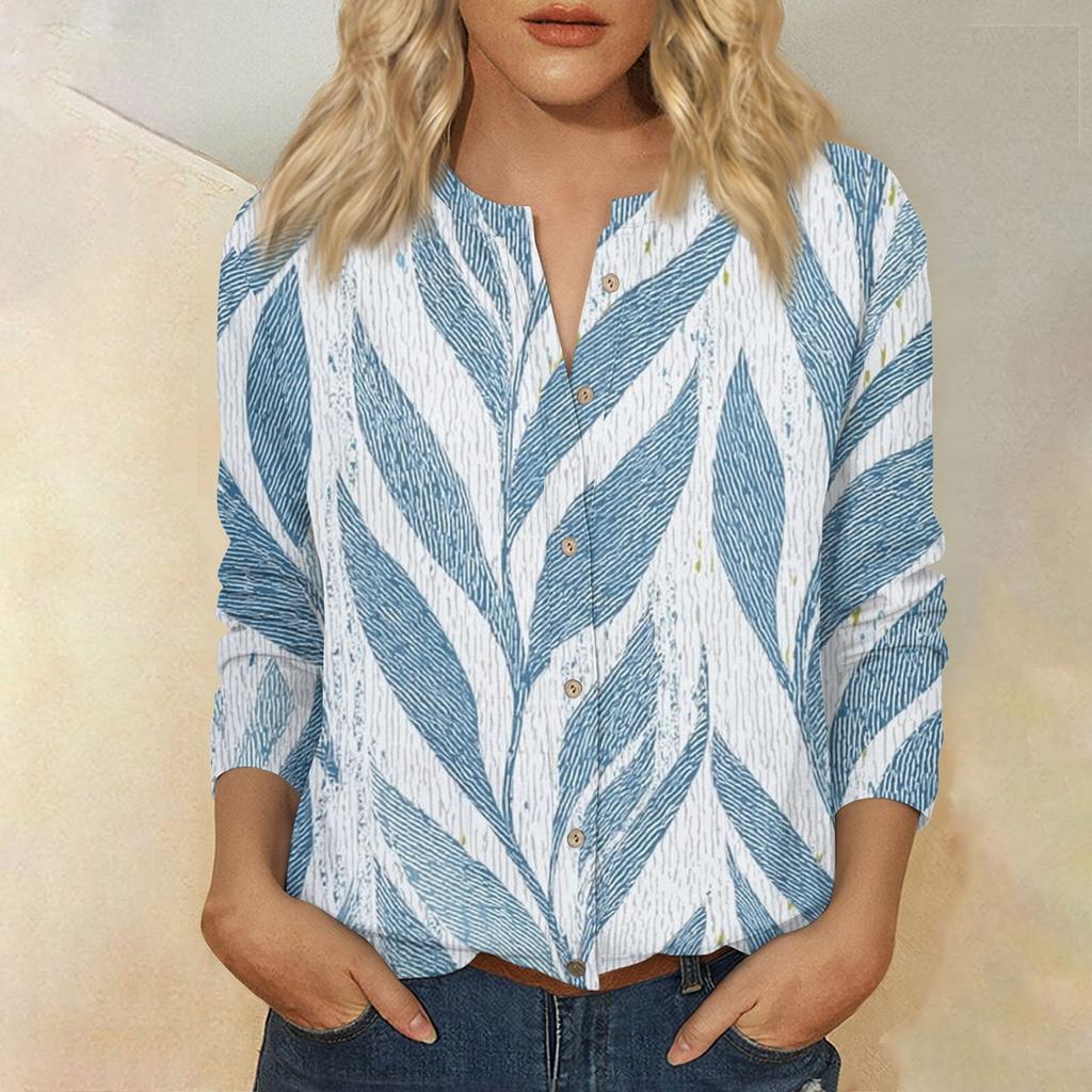 Women Vintage Floral Print Henley Collar Button Down Shirt Three Quarter Sleeve Linen Cotton Blouse Casual Loose Fit Top