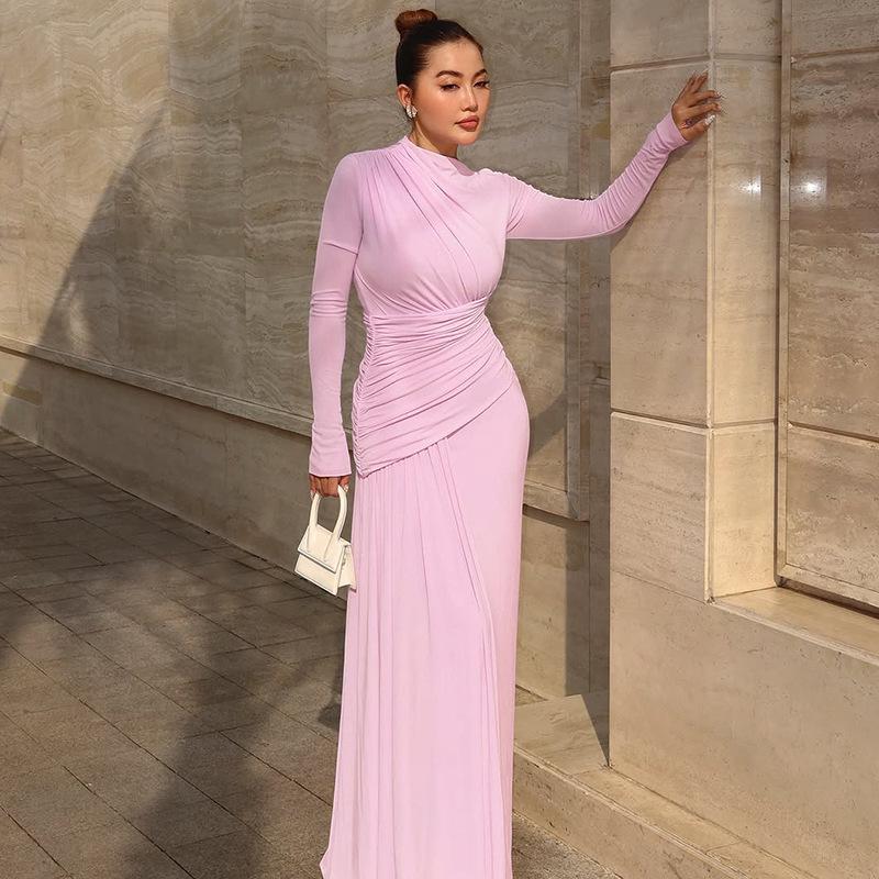 Europäischer & Amerikanischer Stil 2025 Elegantes Einfarbiges Langarm Falten Slim Fit Kleid für Damen - Herbst/Winter Kollektion.