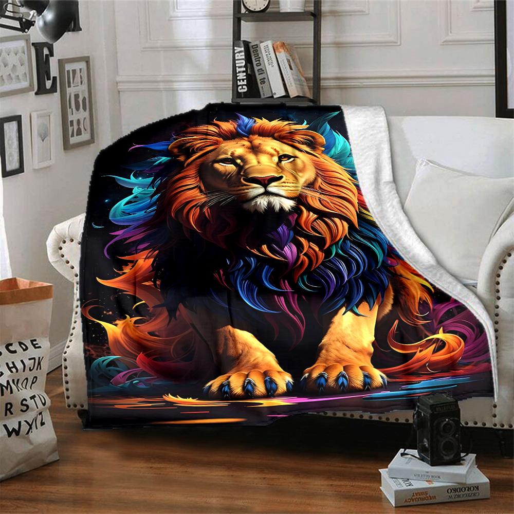 1pc Lion Colors Print Blanket   Lightweight Flannel Throw Blanket For Sofa, Bed, Living Room, Office, Outdoor Travel, Camping