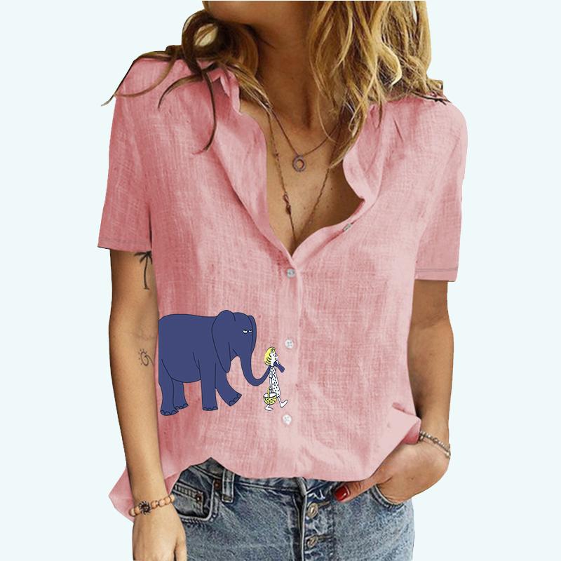 

Женская мода блузки с лацканами и воротником, летняя футболка с короткими рукавами и принтом, женская хлопково-льняная футболка-кардиган 5XL розовый