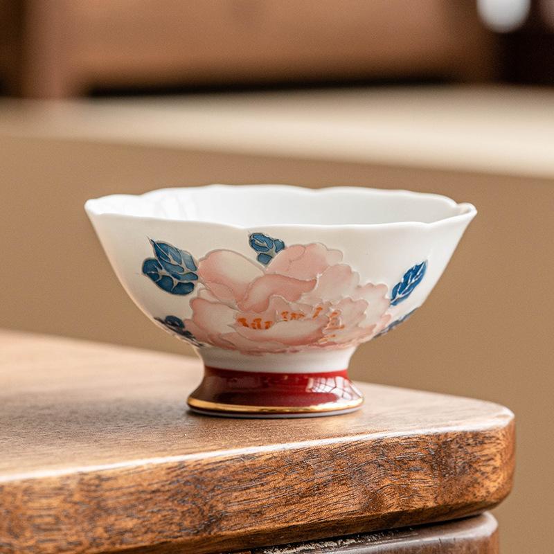 42ml Hand Drawn Peony Master Cup Vintage High Footed Large Teacup High End Gold Plated Tea Cup Flower Mouth Kung Fu Tea Set Gift