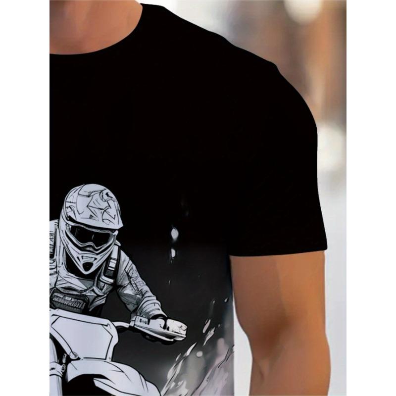 European sizes[Motorcycle Graphic T-Shirt] Durable Fabric Men's Casual Motorcycle Graphic T-Shirt | Black & White Print, Short Sleeve