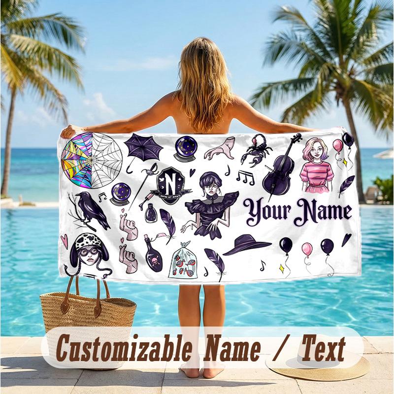 Custom Text Beach Towel, Soft Absorbent Swimming Multi-use TowelWednesday Addams