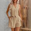 Linen  Summer Casual Fashion Button Vest and Shorts Suit V-neck Vest Suit
