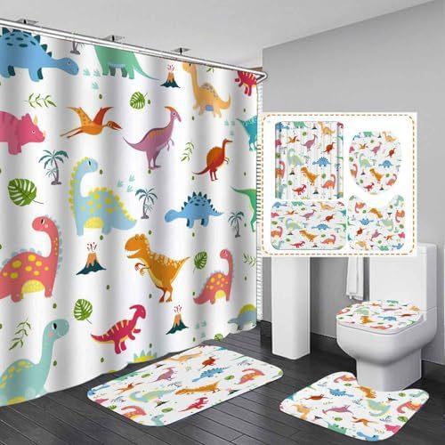 4-Piece Dinosaur And Microphone Pattern Shower Curtain With Hook Bathroom Compartmentary Curtain Bathroom Accessories Home Decor