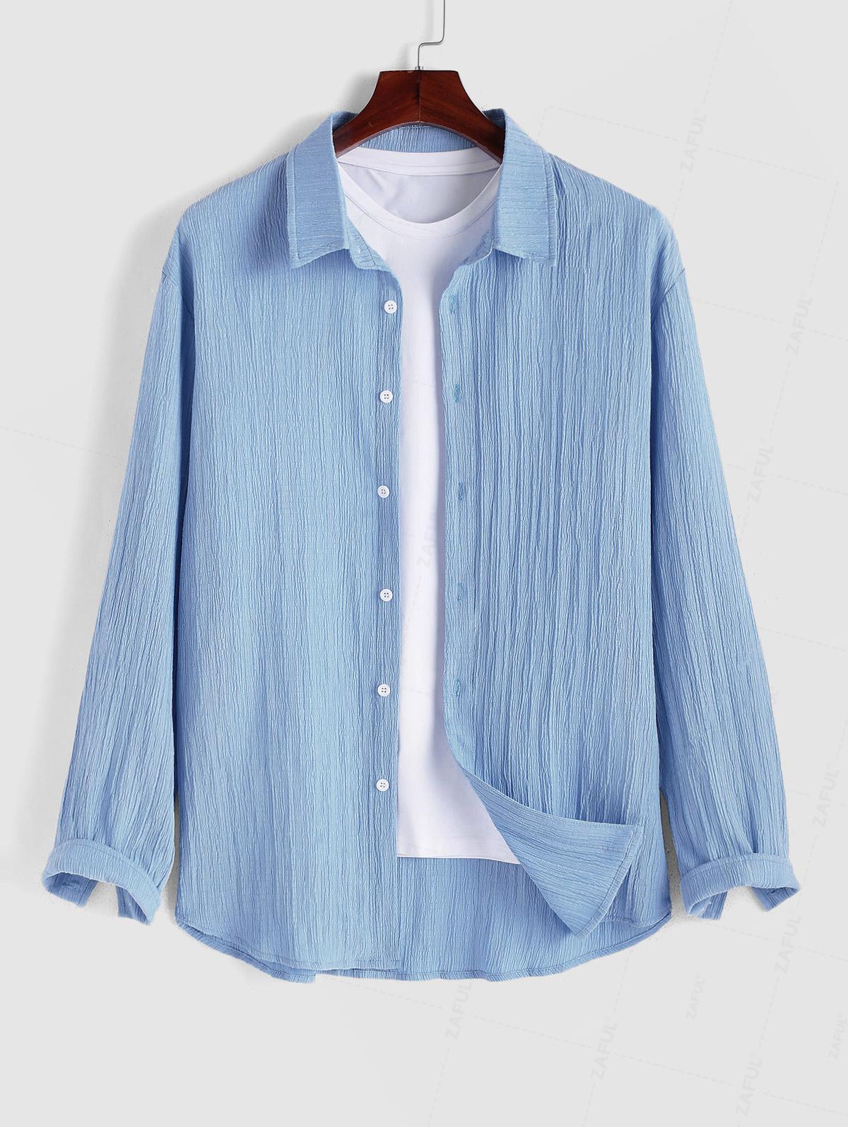 

ZAFUL Мужская повседневная рубашка в стиле минимализма с однотонной текстурой на пуговицах спереди и длинными рукавами XXL светло-синий