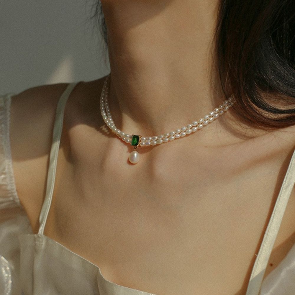 

Gift Green Crystal Double Layer Pendant Choker Clavicle Chain Women Necklace Korean Style Necklace Necklace