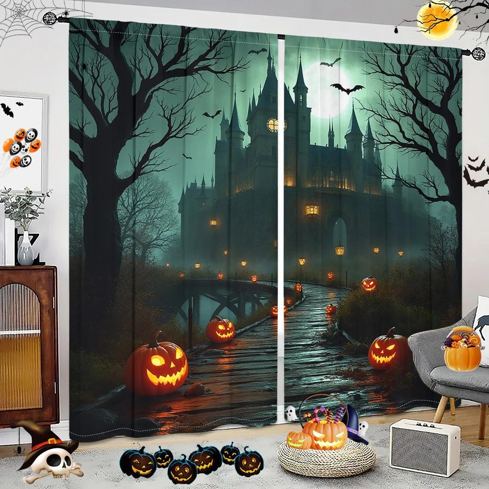 Halloween Fantasy Castle Money Tree Pumpkin Lantern Printed Curtains Home Decoration Room Curtain Set Of 2 Made Polyester Washable